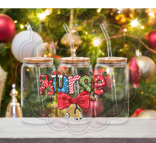 🎄 16 oz Frosted Libbey Glass Can – Christmas Nurse Edition 🎅 Tumbler