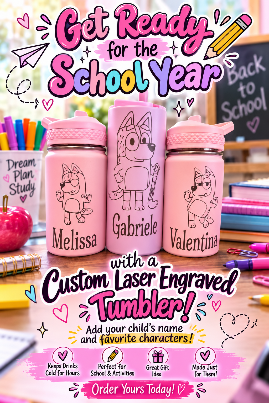Personalized 12oz Kids Insulated Water Bottle – Laser Engraved