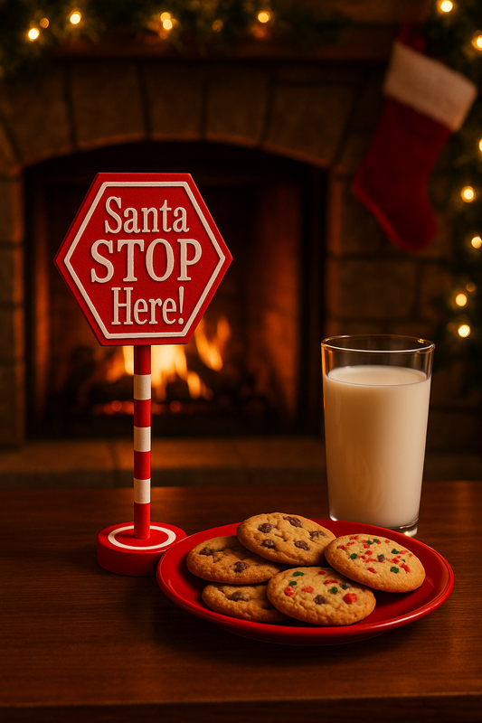 Santa STOP Here! 3D Printed Christmas Sign – Holiday Decoration for Cookies & Milk Display