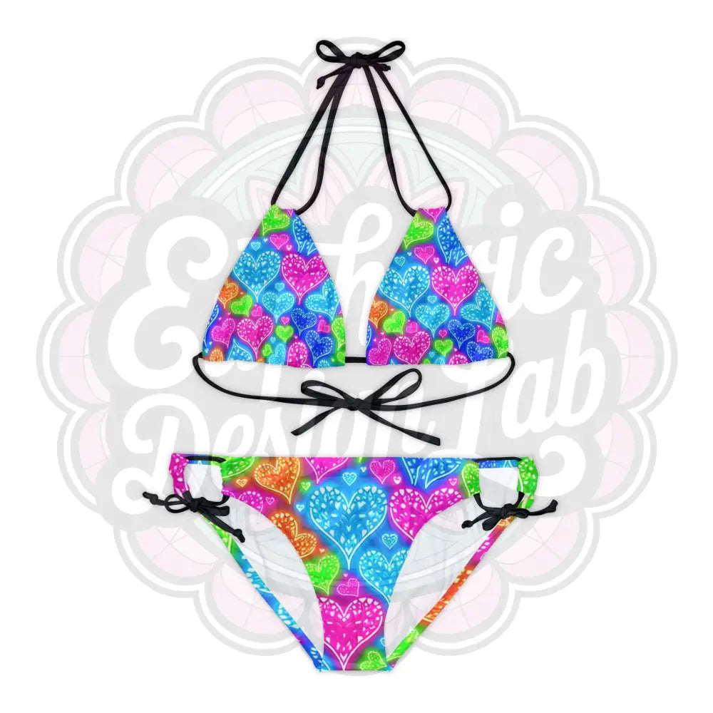 Neon hearts 2-piece swimsuit. XS / Black All Over Prints